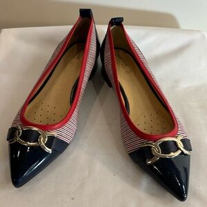 GEOX Sz 8.5 Flats Loafers Pointy Toe Mixed Media Stripes Petent Gold Tone Accent